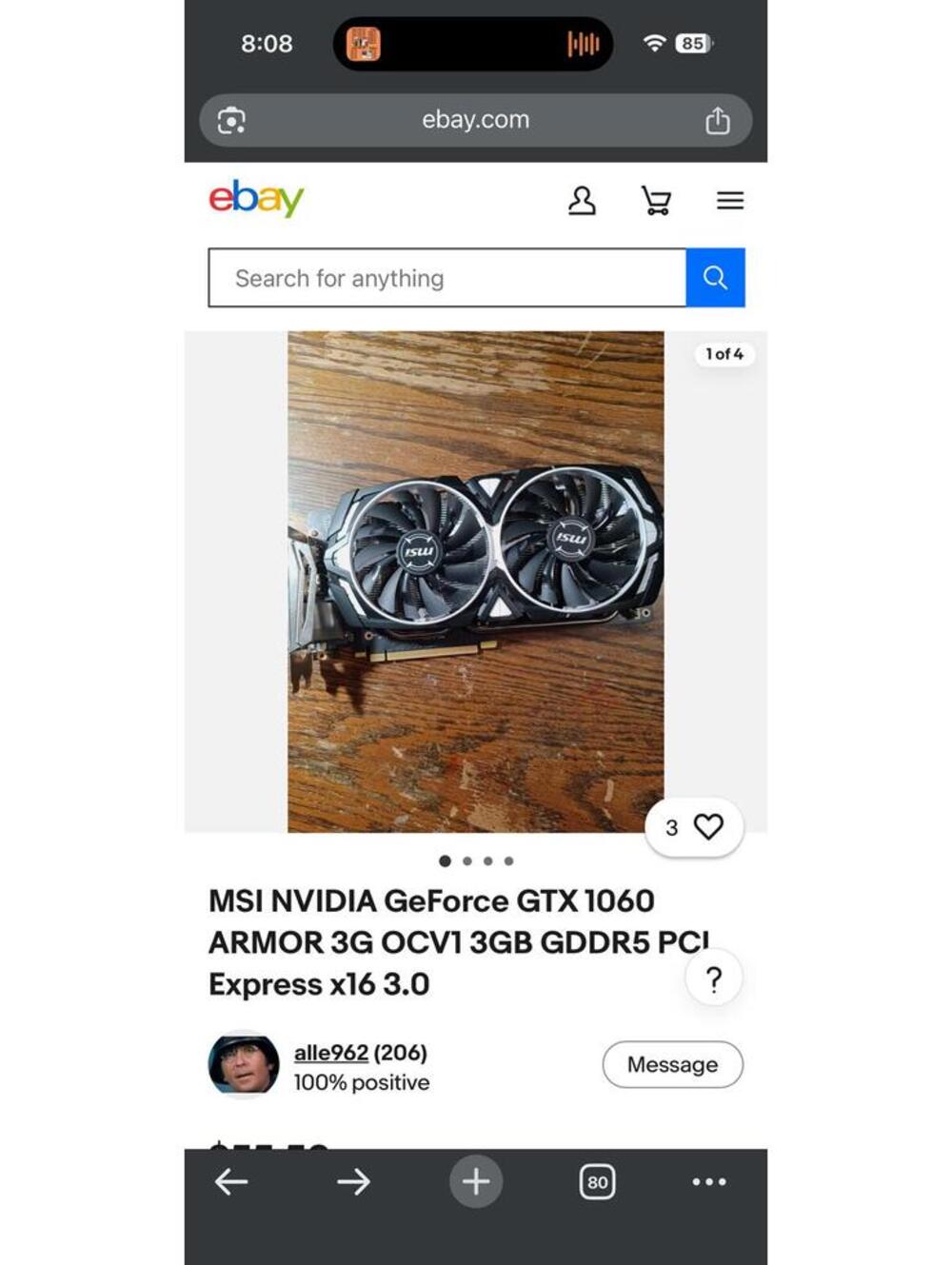 MSI NVIDIA GeForce GTX 1060 ARMOR 3G OC V1 3GB GDDR5 PCI Express x16 3.0 Graphic